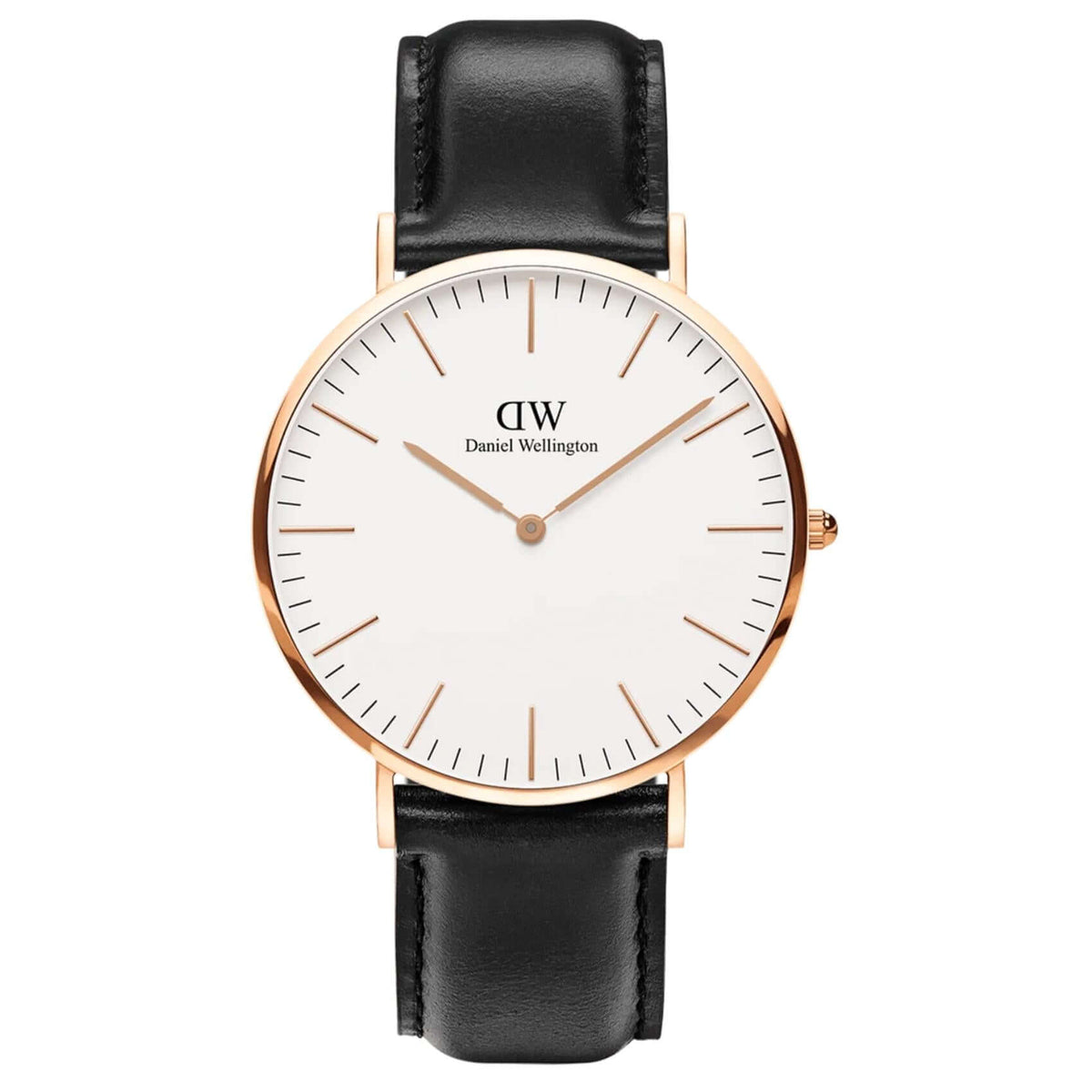 Ανδρικό ρολόι Daniel Wellington Classic Sheffield DW00100007 με μαύρο δερμάτινο λουράκι, λευκό στρογγυλό καντράν διαμέτρου 40mm και λεπτομέρειες σε ροζ χρυσό χρώμα.
