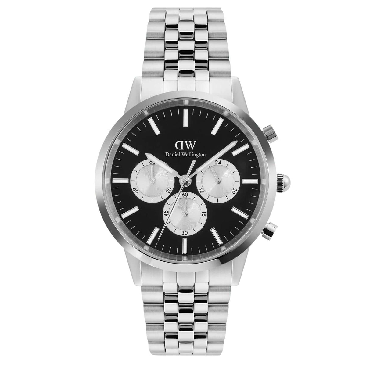 Ανδρικό ρολόι Daniel Wellington Iconic Chronograph DW00100873 με ασημί μπρασελέ από ανοξείδωτο ατσάλι και μαύρο καντράν διαμέτρου 42mm με λευκές λεπτομέρειες.