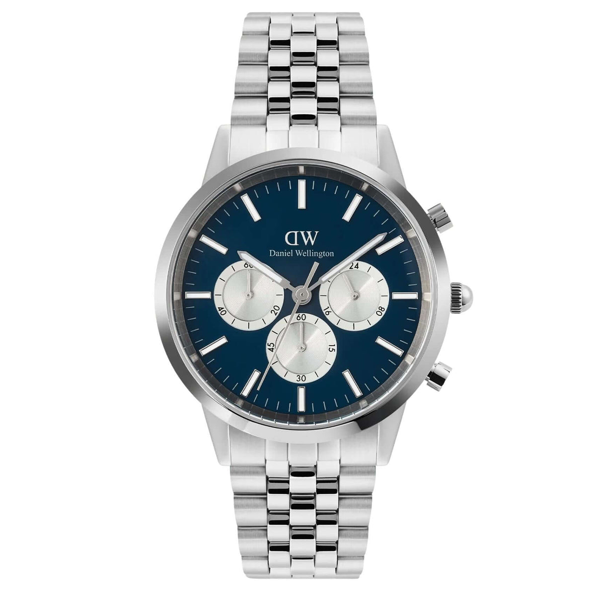 Ανδρικό ρολόι Daniel Wellington Iconic Chronograph DW00100874 με ασημί μπρασελέ από ανοξείδωτο ατσάλι και μπλε καντράν διαμέτρου 42mm με ασημί λεπτομέρειες.