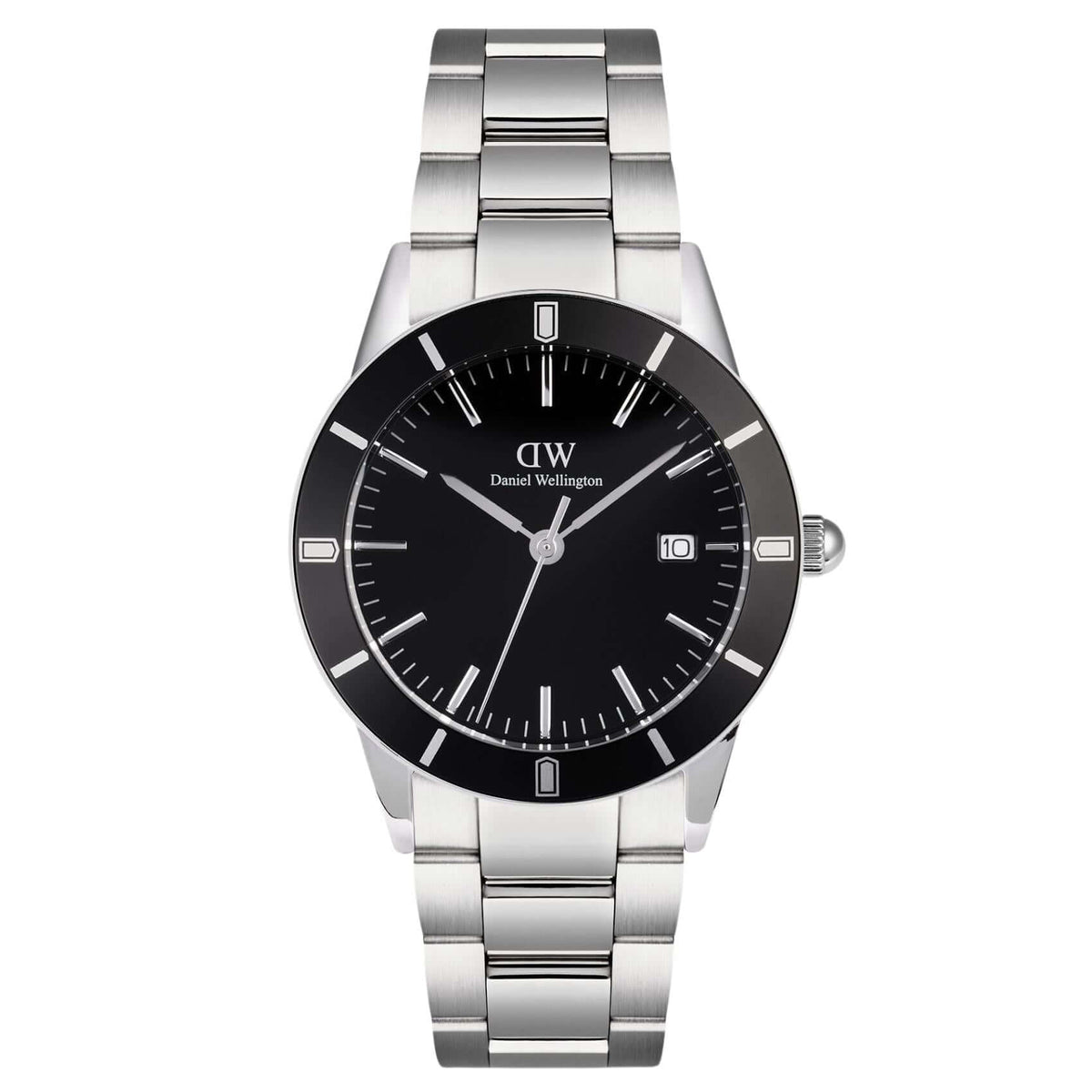 Ανδρικό ρολόι Daniel Wellington Iconic Paradigma DW00100822 με ασημί μπρασελέ από ανοξείδωτο ατσάλι και μαύρο καντράν διαμέτρου 40mm με γκρι λεπτομέρειες.