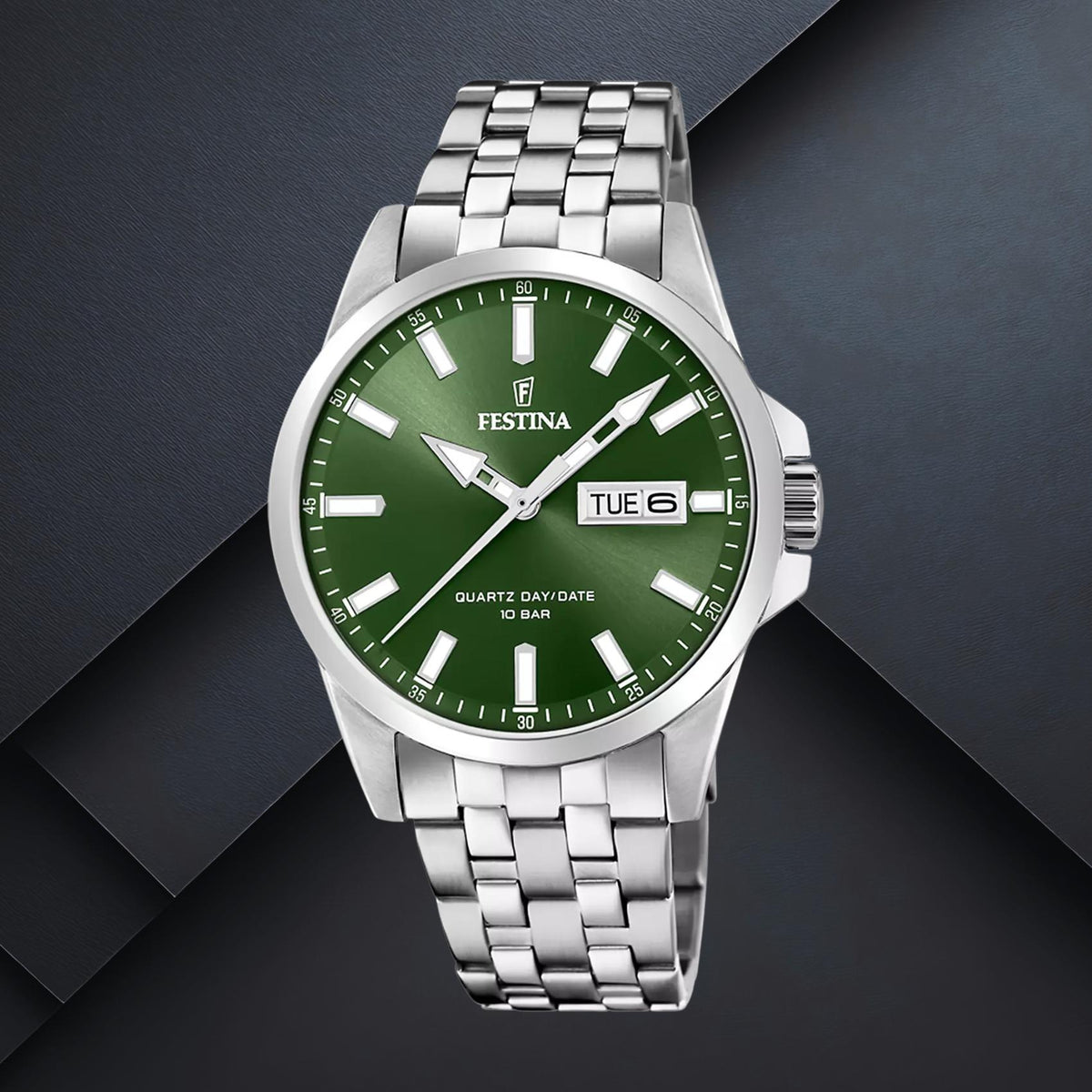 Ανδρικό ρολόι Festina Classics F20357/5 με ασημί μπρασελέ, πράσινο καντράν 41mm, ενδείξεις ημέρας και ημερομηνίας