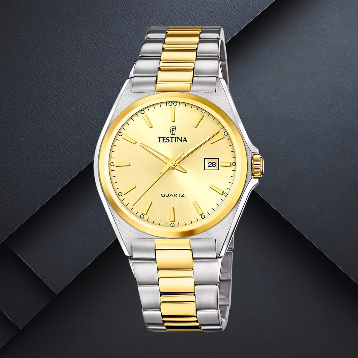 Ανδρικό ρολόι Festina Classics F20554/3 με ασημί-χρυσό μπρασελέ, χρυσό καντράν 40mm, ένδειξη ημερομηνίας