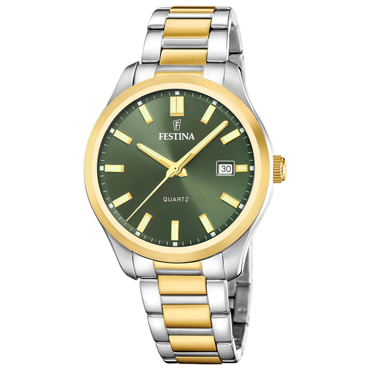 Ανδρικό ρολόι Festina Classics F20738/2 με ασημί-χρυσό μπρασελέ και πράσινο καντράν