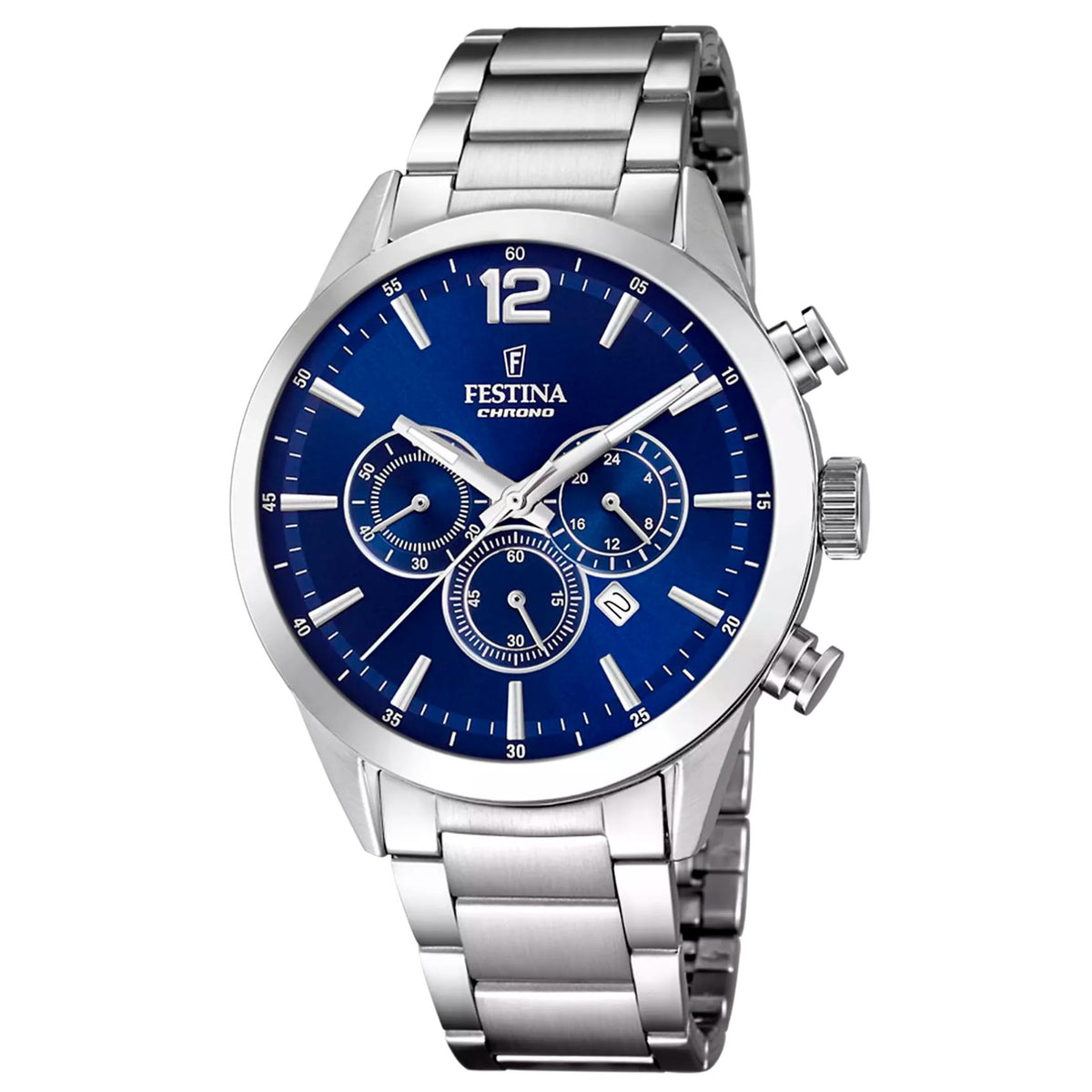 Ανδρικό ρολόι Festina Timeless Chronograph F20343/7 με ασημί μπρασελέ και σκούρο μπλε καντράν