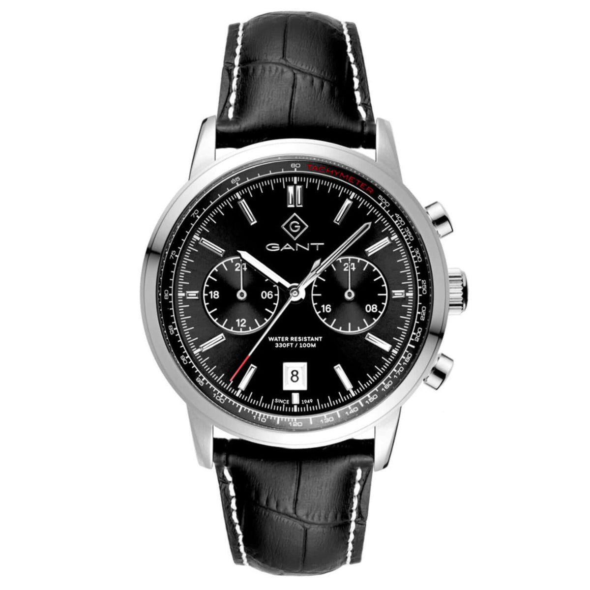 Ανδρικό ρολόι χρονογράφος Gant Bergamo G196001 με μαύρο δερμάτινο λουράκι και μαύρο καντράν 42mm.