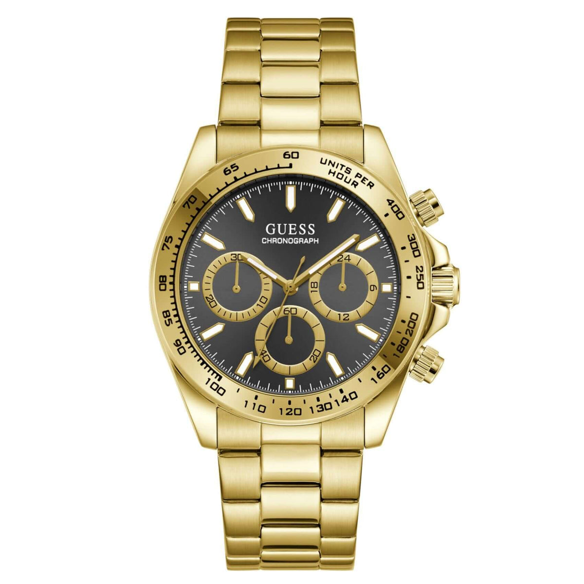 Ανδρικό ρολόι Guess Arthur GW1058G2 χρονογράφος με χρυσό μπρασελέ από ανακυκλωμένο ανοξείδωτο ατσάλι, μαύρο καντράν διαμέτρου 42mm και χρυσές λεπτομέρειες.