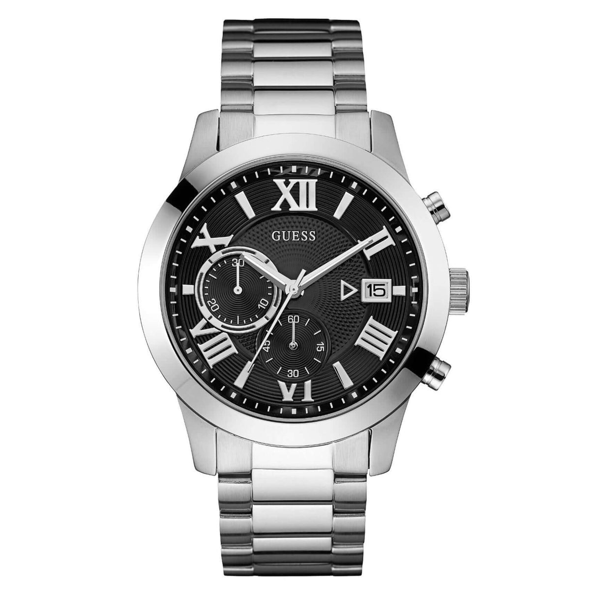 Ανδρικό ρολόι Guess Atlas W0668G3 χρονογράφος με ασημί μπρασελέ ανοξείδωτο ατσάλι, μαύρο καντράν διαμέτρου 45mm και ασημί λεπτομέρειες.