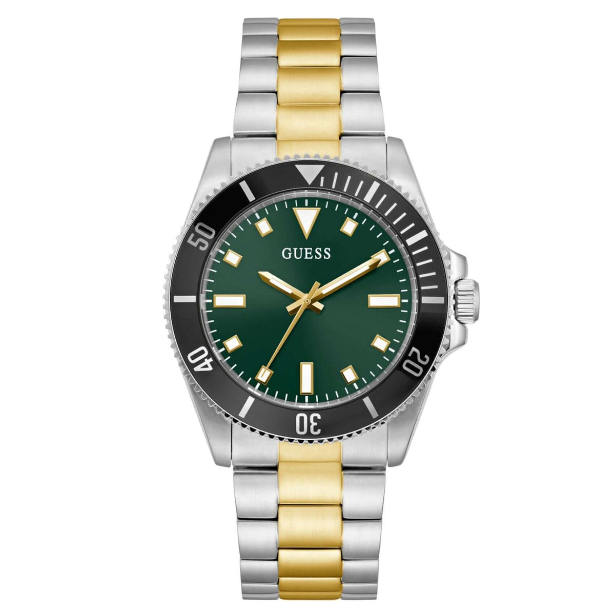 Ανδρικό ρολόι Guess Cliff GW0968G4 με δίχρωμο μπρασελέ από ανακυκλωμένο ανοξείδωτο ατσάλι σε ασημί και χρυσό χρώμα, πράσινο καντράν διαμέτρου 41mm και χρυσές λεπτομέρειες.