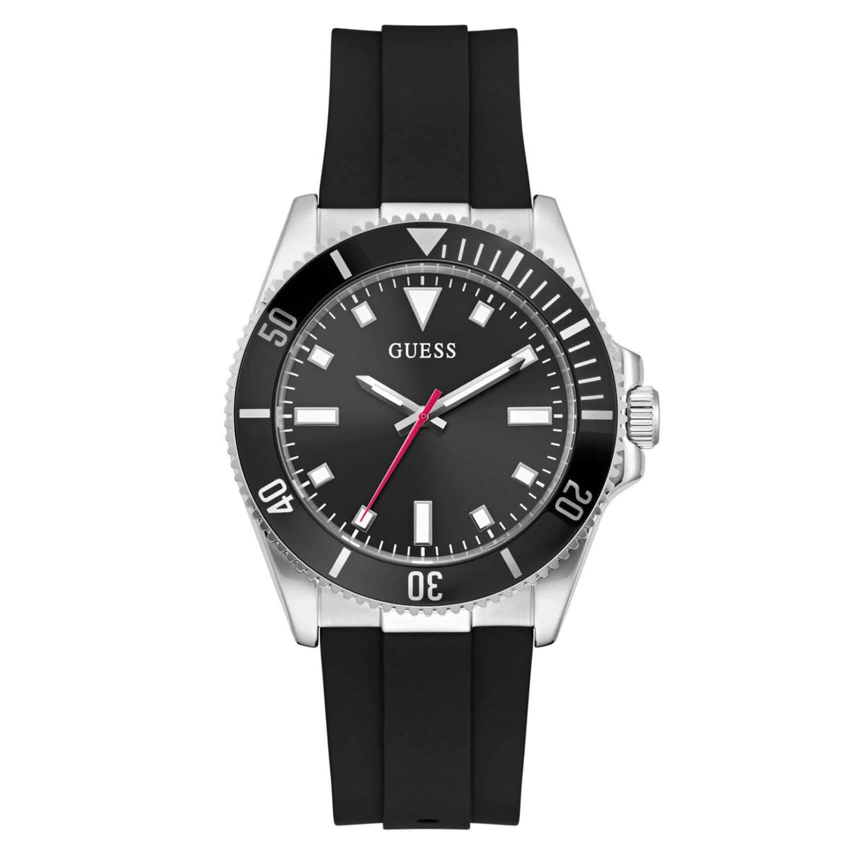 Ανδρικό ρολόι Guess Cliff GW0969G1 με μαύρο λουράκι από καουτσούκ, μαύρο καντράν διαμέτρου 41mm και ασημί λεπτομέρειες.
