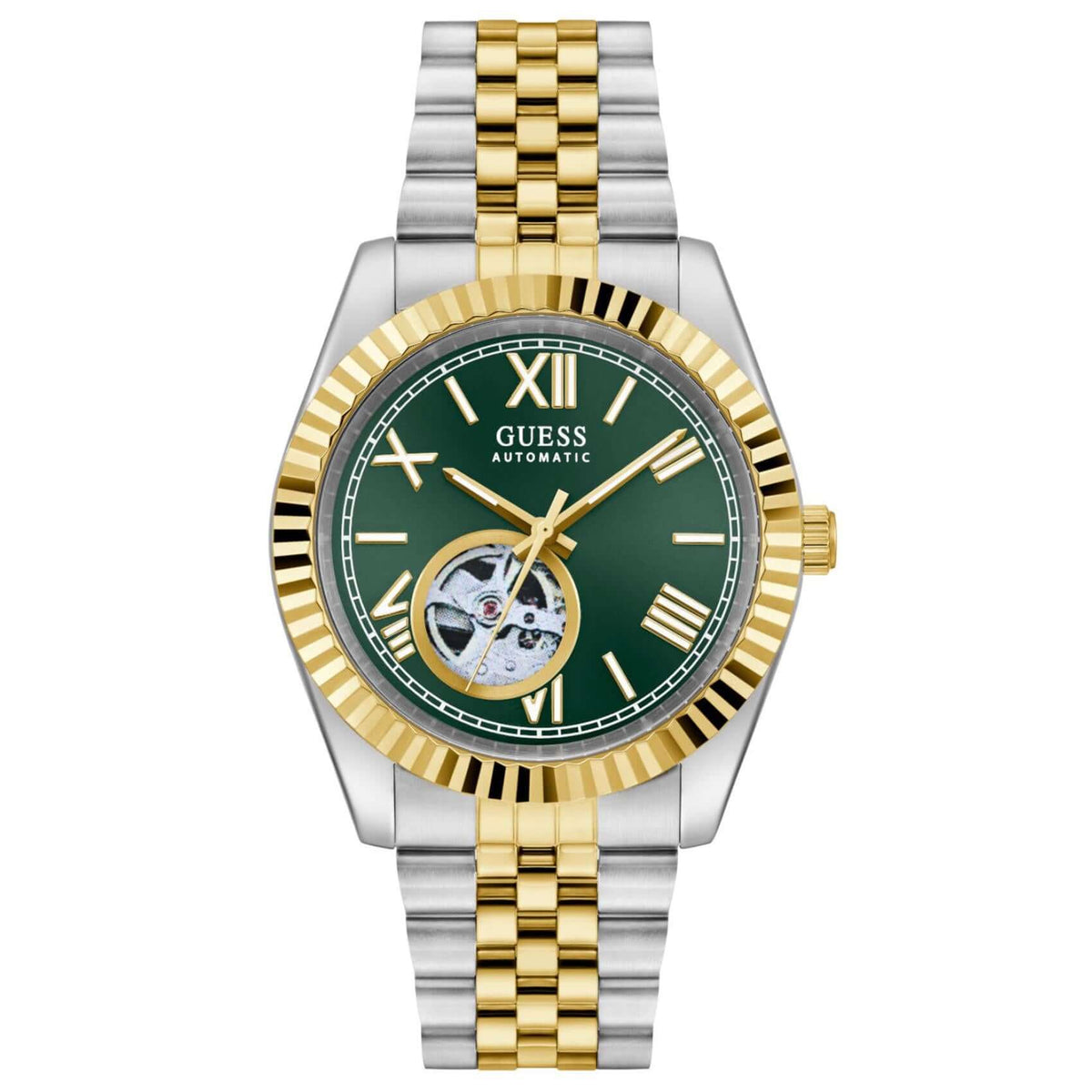 Ανδρικό ρολόι Guess Connoisseur GW0984G4 με δίχρωμο μπρασελέ από ανακυκλωμένο ανοξείδωτο ατσάλι σε ασημί και χρυσό χρώμα, πράσινο skeleton καντράν διαμέτρου 42mm και χρυσές λεπτομέρειες.