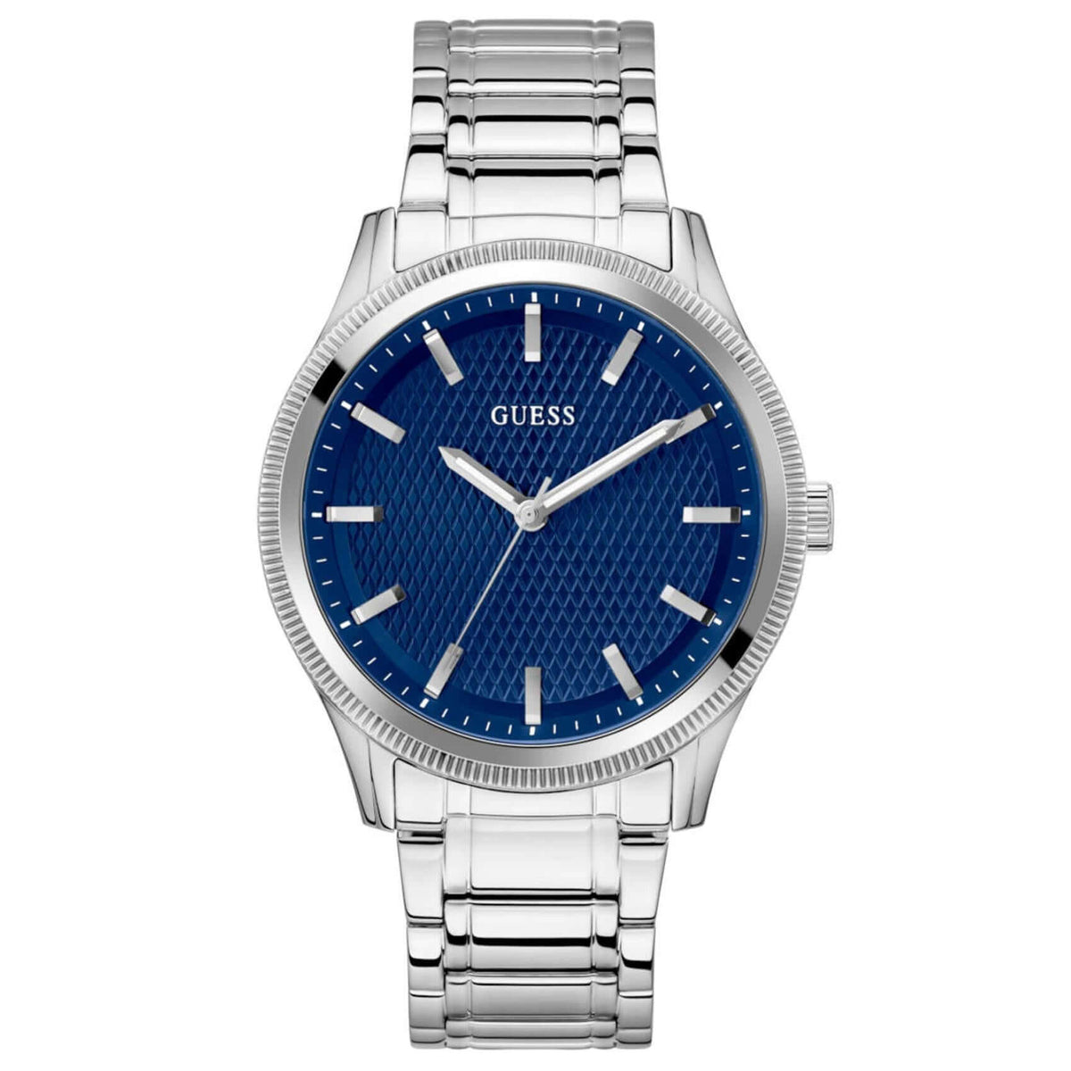 Ανδρικό ρολόι Guess Dex GW0626G1 με ασημί μπρασελέ από ανοξείδωτο ατσάλι, μπλε καντράν διαμέτρου 44mm και ασημί λεπτομέρειες.