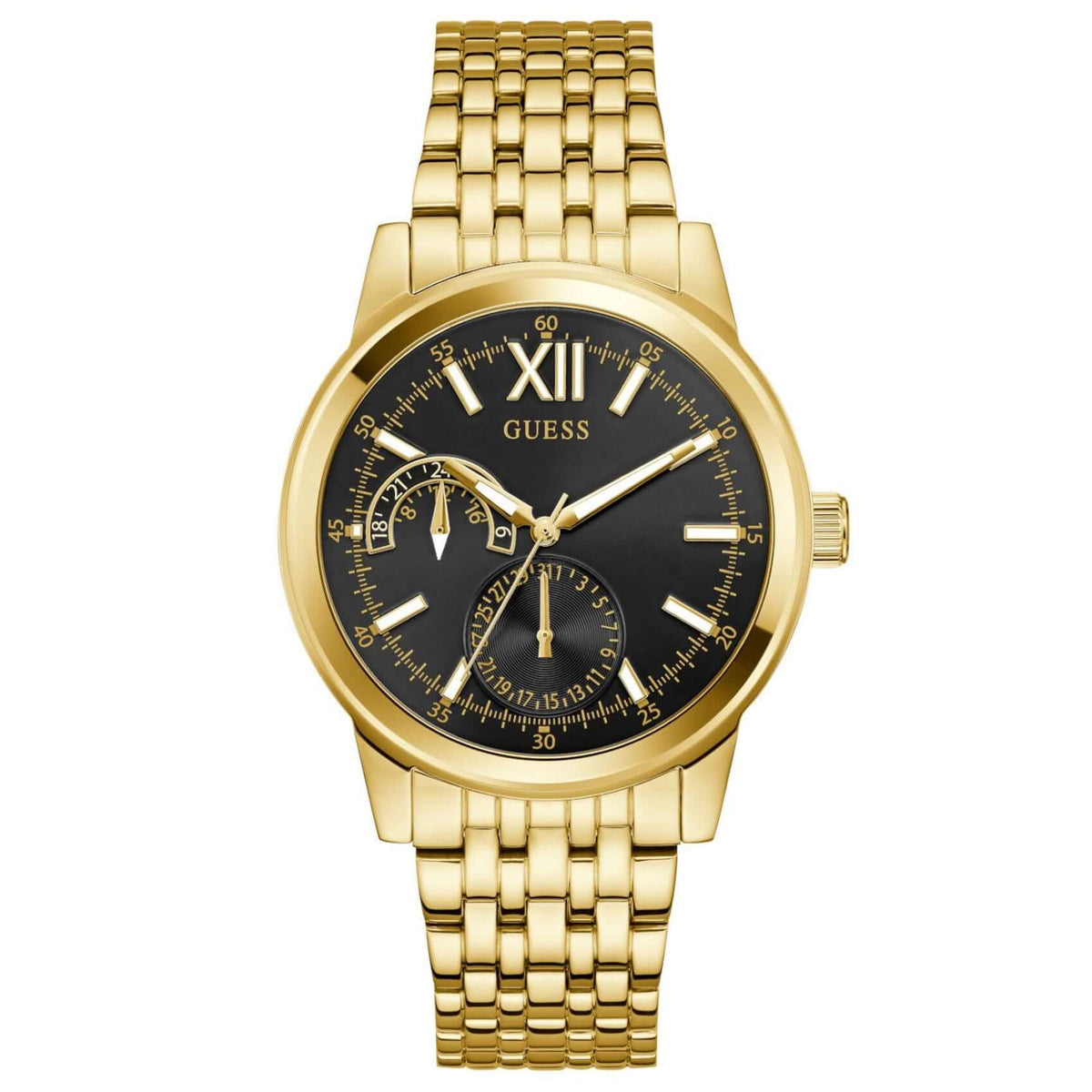 Ανδρικό ρολόι Guess Emerson GW0976G2 με χρυσό μπρασελέ από ανοξείδωτο ατσάλι, μαύρο καντράν διαμέτρου 42mm και χρυσές λεπτομέρειες.