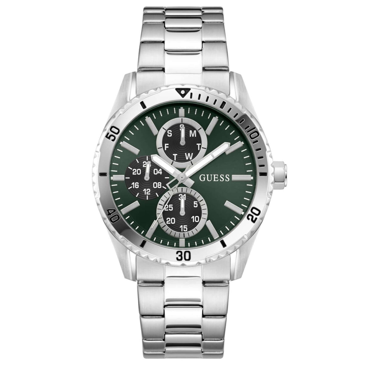 Ανδρικό ρολόι Guess Velocity GW1061G1 με ασημί μπρασελέ από ανοξείδωτο ατσάλι, πράσινο καντράν διαμέτρου 43mm και ασημί λεπτομέρειες.