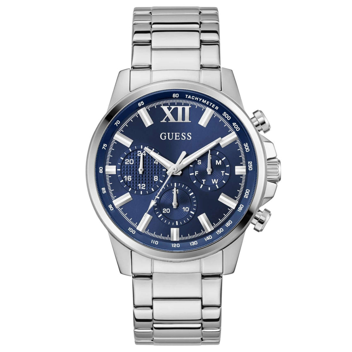 Ανδρικό ρολόι Guess Walker GW0900G4 με ασημί μπρασελέ από ανακυκλωμένο ανοξείδωτο ατσάλι, μπλε καντράν διαμέτρου 44mm και ασημί λεπτομέρειες.
