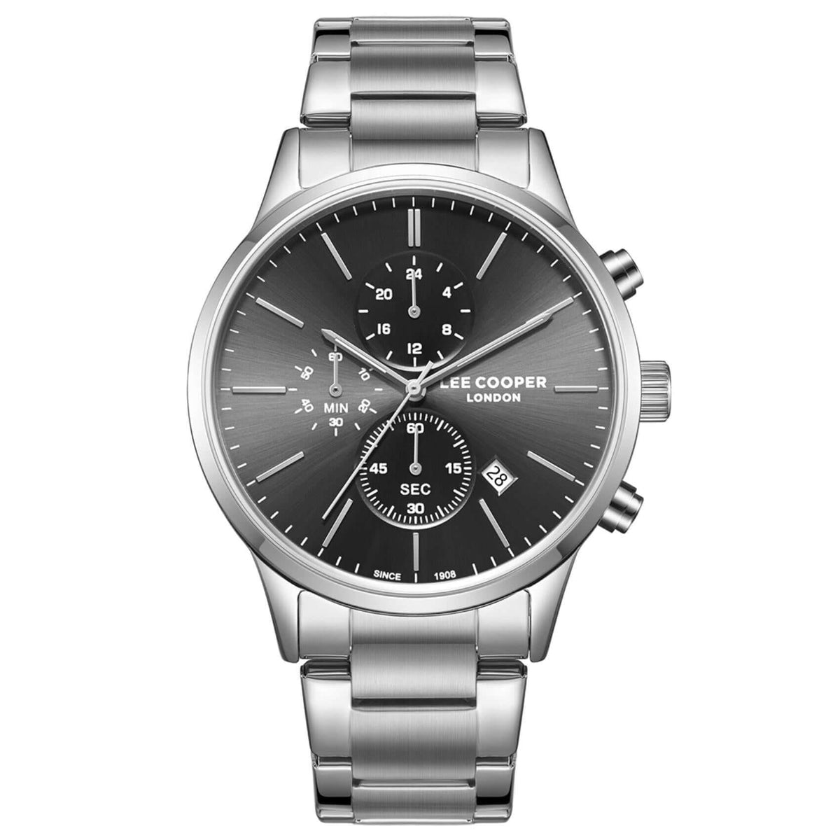 Ανδρικό ρολόι Lee Cooper Gents Multi LC08042.350 με ασημί ατσάλινο μπρασελέ, μαύρο καντράν και κάσα 43.5 mm.