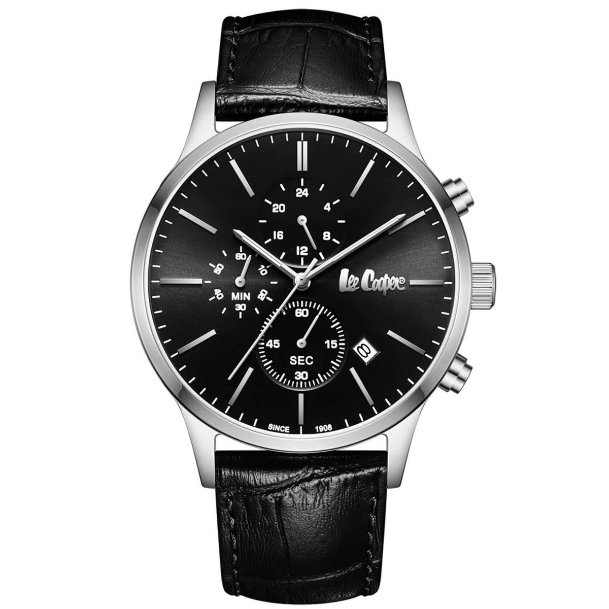 Ανδρικό ρολόι Lee Cooper Gents Multi LC08154.351 με μαύρο δερμάτινο λουράκι, μαύρο καντράν και κάσα 44 mm.