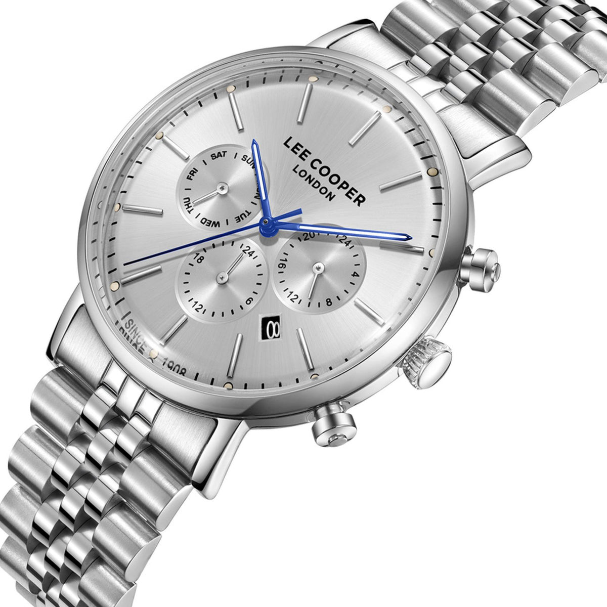 Ασημί καντράν ρολογιού Lee Cooper Gents Multi LC08372.330 διαμέτρου 42mm με ενδείξεις ημέρας και ημερομηνίας