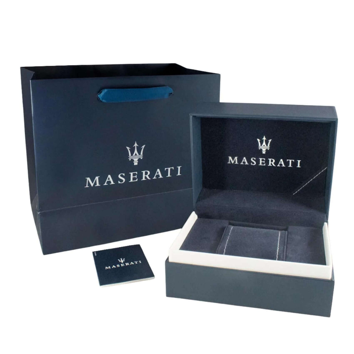 Συσκευασία δώρου του ανδρικού ρολογιού Maserati Blue Edition R8873652008 με επίσημο κουτί Maserati και συνοδευτικά έγγραφα γνησιότητας.