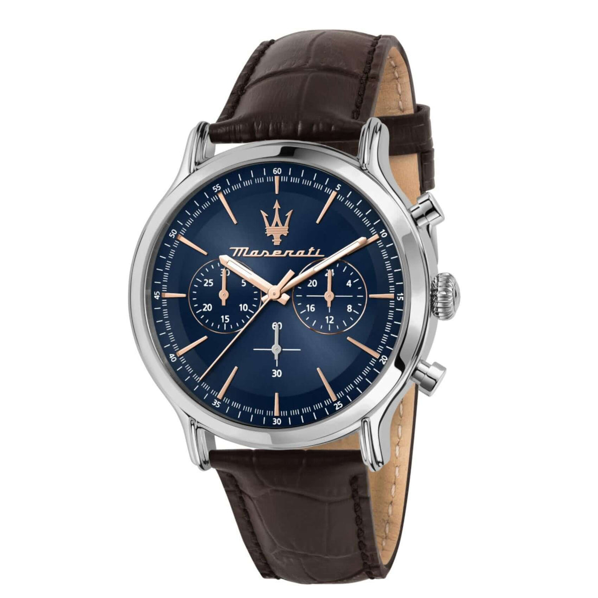 Ανδρικό ρολόι Maserati Epoca R8871618014 χρονογράφος με καφέ κροκό δερμάτινο λουράκι, μπλε καντράν με ροζ χρυσούς δείκτες και κάσα 42mm 