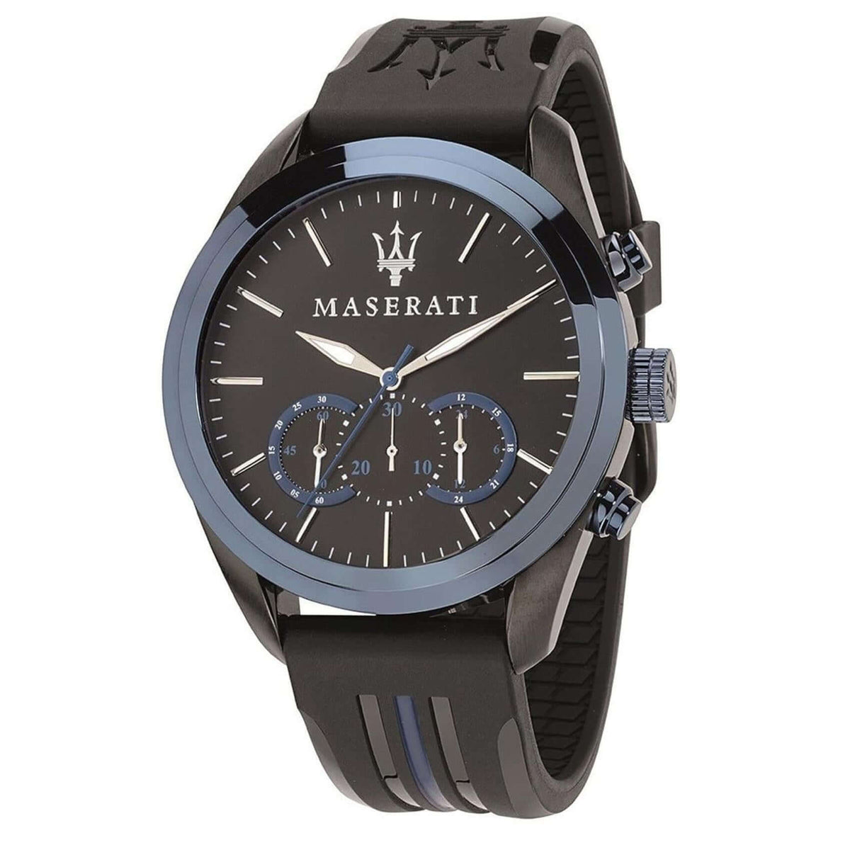 Ανδρικό ρολόι Maserati Traguardo R8871612006 χρονογράφος με μαύρο λουράκι καουτσούκ, μαύρο καντράν 45 mm και στεγανότητα 10ATM. 