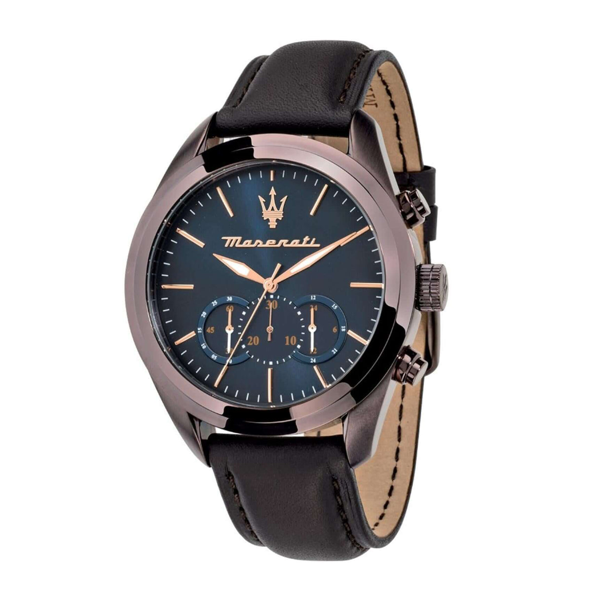 Ανδρικό ρολόι Maserati Traguardo R8871612008 χρονογράφος με καφέ δερμάτινο λουράκι, μπλε καντράν με ροζ χρυσούς δείκτες και κάσα 45mm