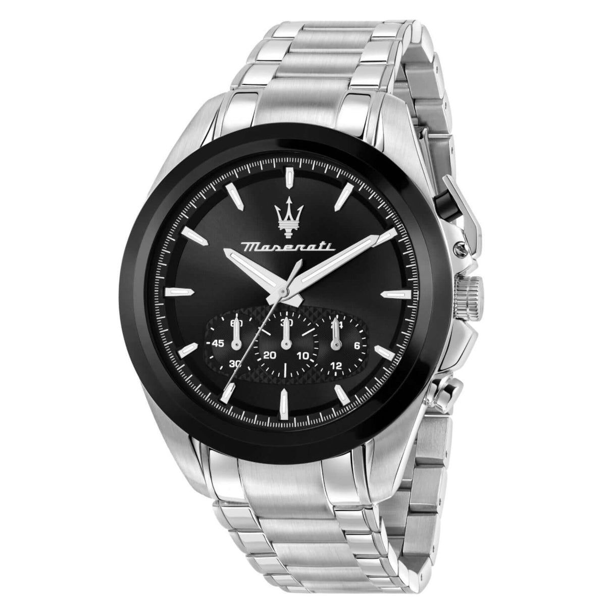 Ανδρικό ρολόι Maserati Traguardo R8873612066 με ασημί μπρασελέ από ανοξείδωτο ατσάλι και μαύρο καντράν 43mm.