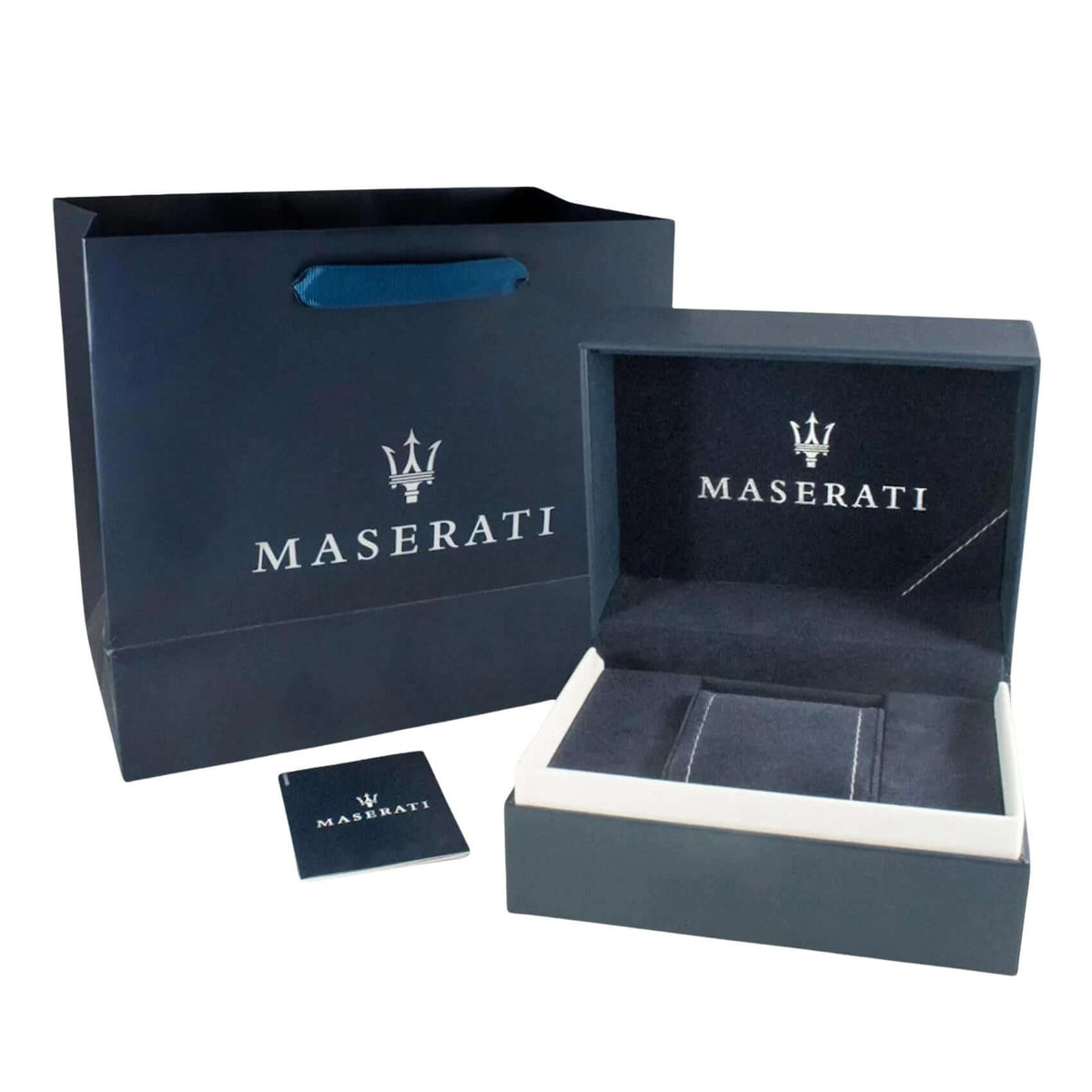 Συσκευασία του ανδρικού ρολογιού Maserati Traguardo R8873612066 με πιστοποιητικό γνησιότητας και εγγύηση 2 ετών.