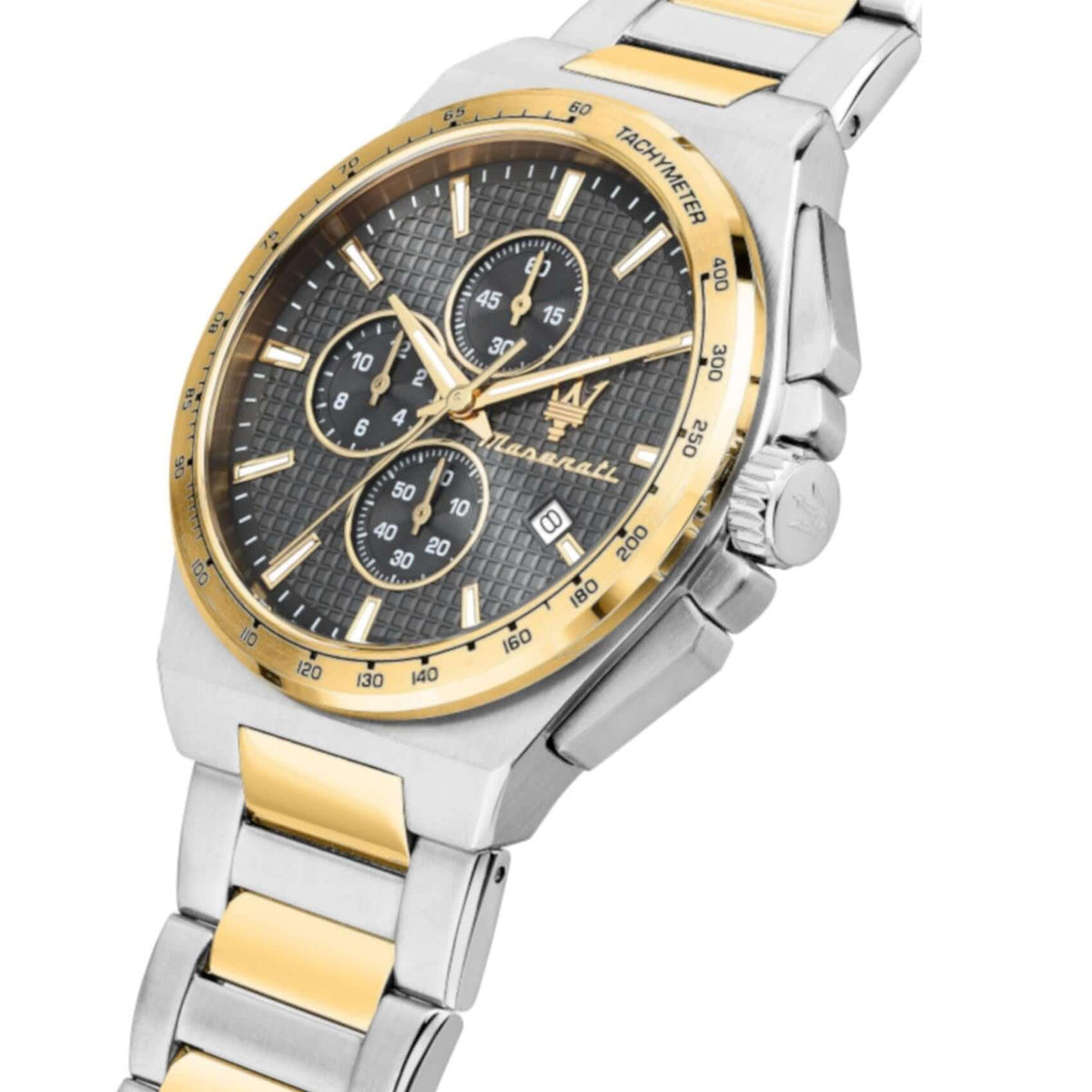Γκρι καντράν 41mm του ανδρικού ρολογιού Maserati Velocita Slim R8873653002 με χρονογράφο, χρυσούς δείκτες και ένδειξη ημερομηνίας.