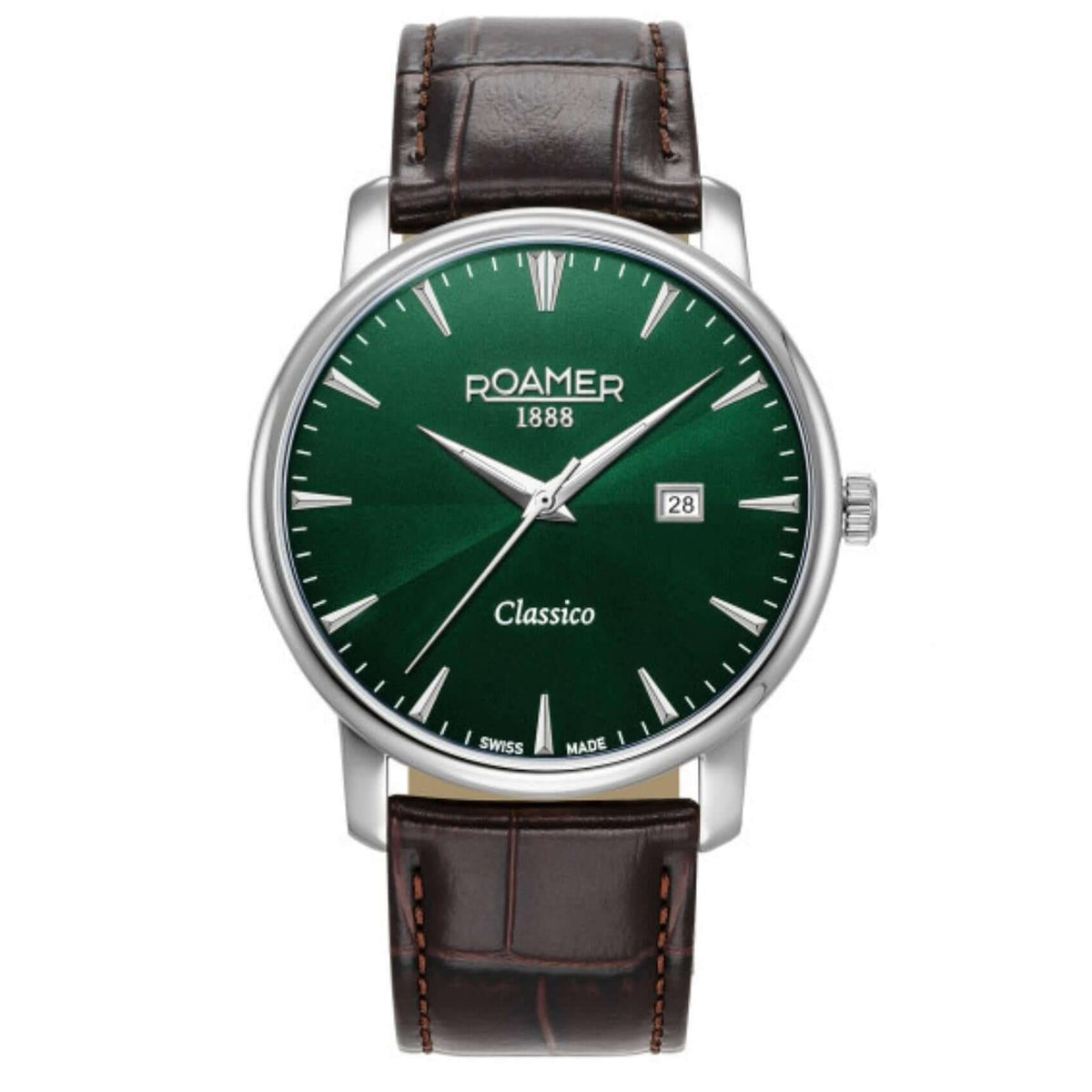 Aνδρικό ρολόι Roamer Classico Gents 971856-41-75-05 με καφέ δερμάτινο λουράκι και πράσινο καντράν διαμέτρου 40mm. 