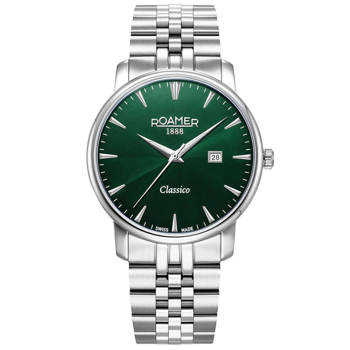 Aνδρικό ρολόι Roamer Classico Gents 971856-41-75-50 με ασημί ατσάλινο μπρασελέ και πράσινο καντράν διαμέτρου 40mm.