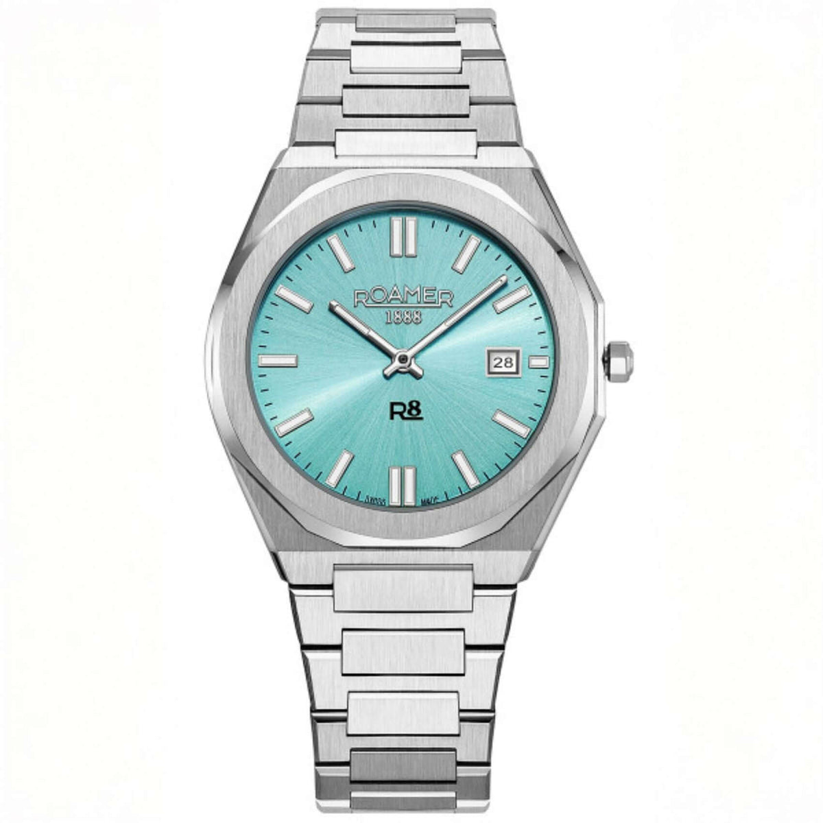 Ανδρικό ρολόι Roamer R8 Gents 972980-41-05-20 swiss made με ασημί ατσάλινο μπρασελέ και τιρκουάζ καντράν διαμέτρου 40mm.
