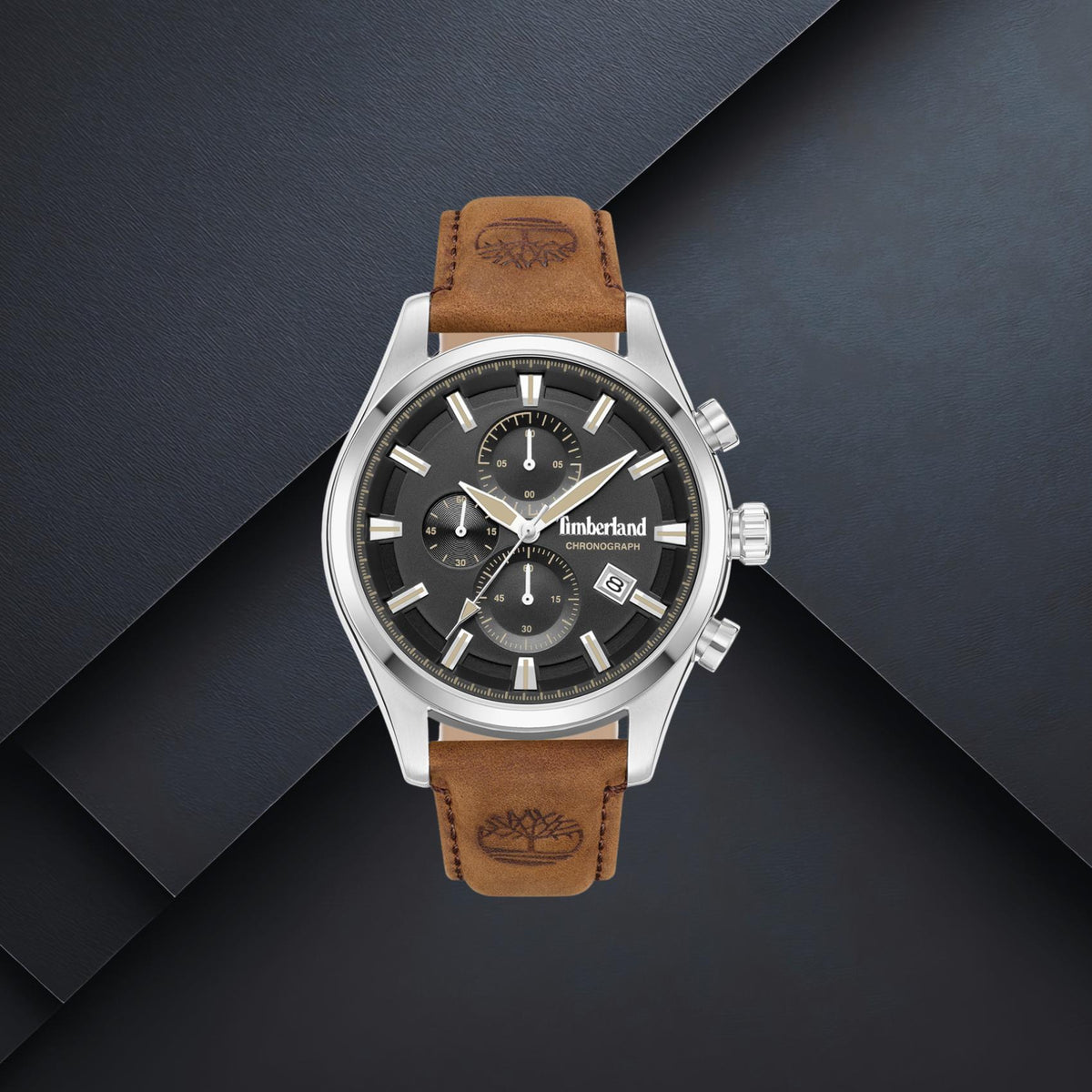Ανδρικό ρολόι Timberland Ashmont TDWGC0109301 με ταμπά λουράκι, μαύρο καντράν 46mm, χρονογράφος, ημερομηνία