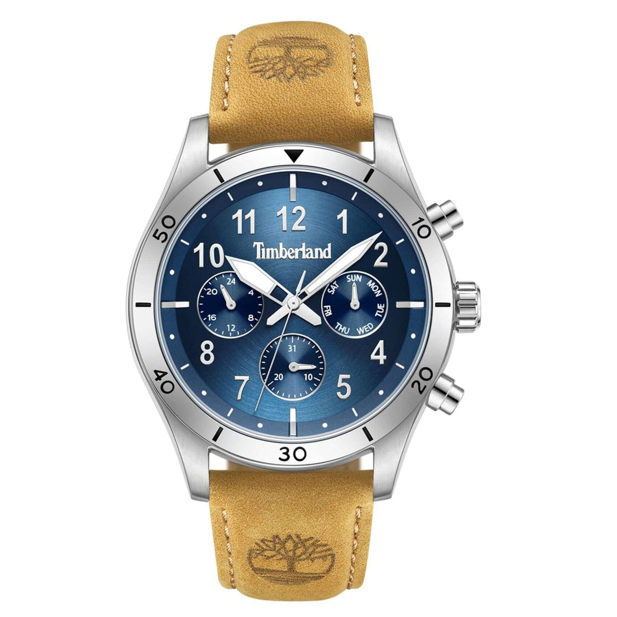 Ανδρικό ρολόι Timberland Ashmont TDWGF0054701 χρονογράφος με ταμπά δερμάτινο λουράκι και μπλε καντράν 44 mm.