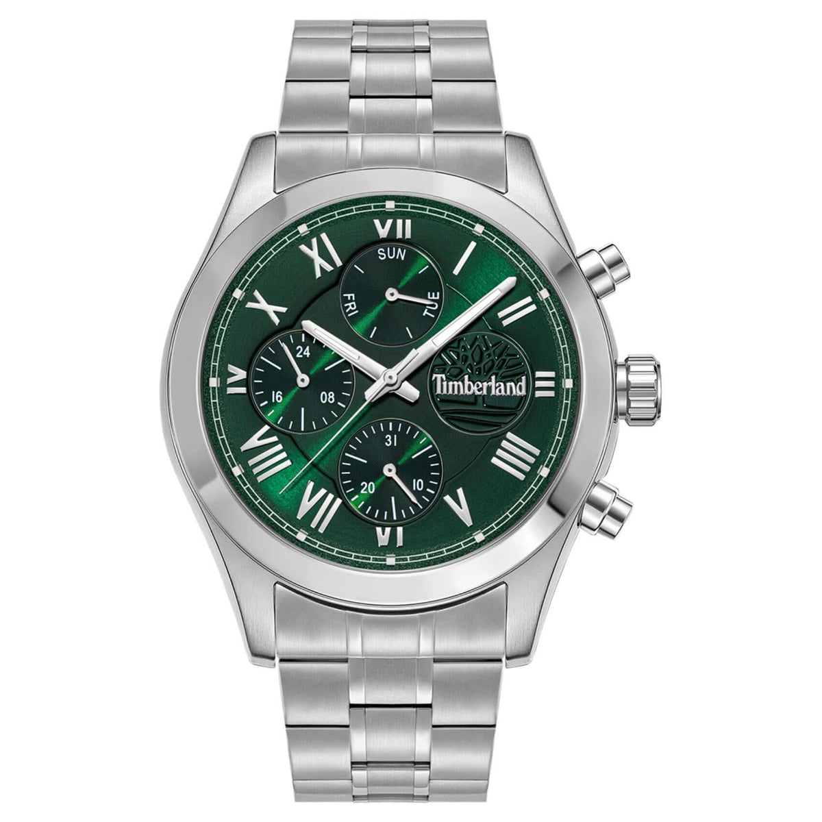 Ανδρικό ρολόι Timberland Ashmont TDWGK0082604 με ασημί ατσάλινο μπρασελέ, πράσινο καντράν 44 mm, ένδειξη ημέρας, ημερομηνίας, 24ωρης ώρας και στεγανότητα 5ATM.