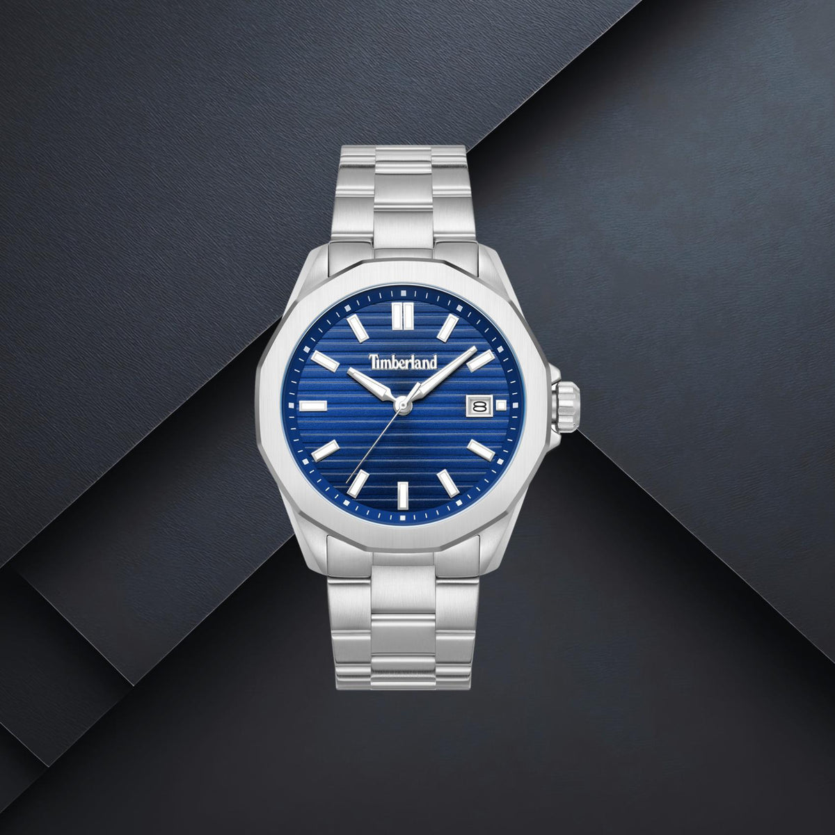 Ανδρικό ρολόι Timberland Bretton Woods TDWGH0113001 με ασημί μπρασελέ και μπλε καντράν 43mm με ένδειξη ημερομηνίας