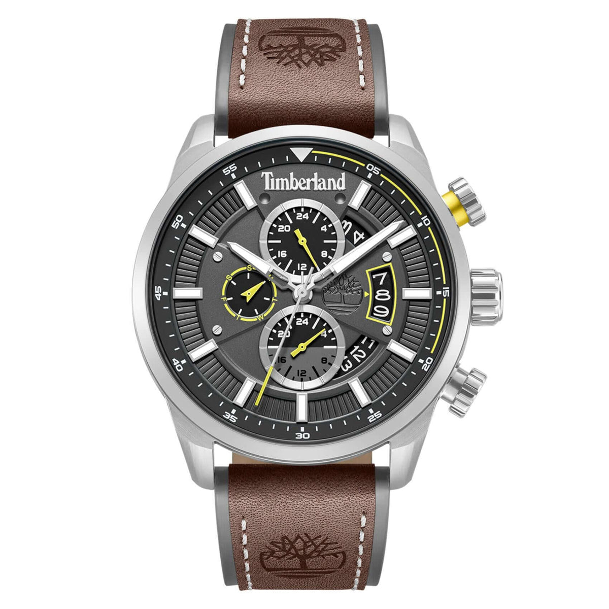 Ανδρικό ρολόι Timberland Calahan TDWGF0095402 με καφέ δερμάτινο λουράκι, μαύρο καντράν 46 mm, ένδειξη ημέρας-ημερομηνίας, διπλής ώρας και στεγανότητα 5ATM. 