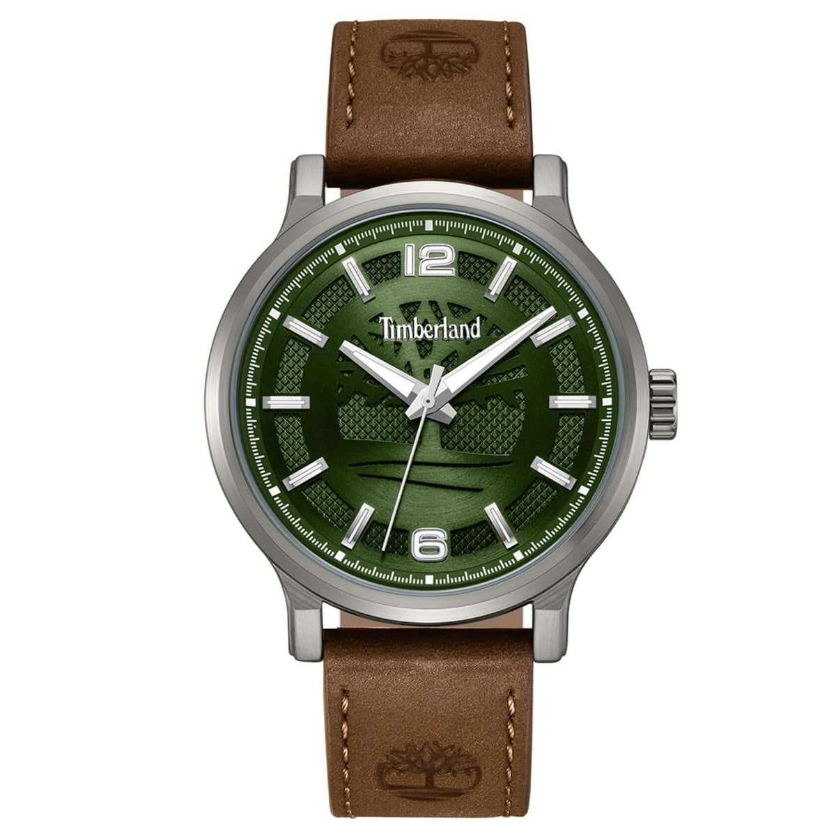 Ανδρικό ρολόι Timberland Driscoll TDWGA0094701 με καφέ δερμάτινο λουράκι, πράσινο καντράν 43 mm, quartz μηχανισμό και στεγανότητα 3ATM.