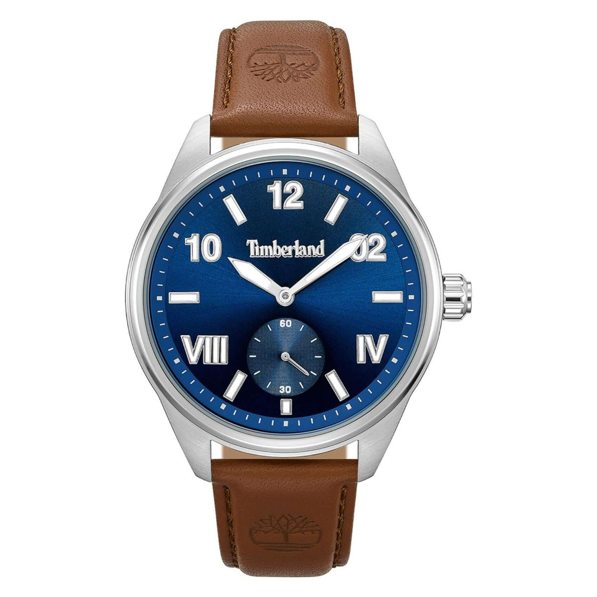 Ανδρικό ρολόι Timberland Fern Row TDWGA0083501 με καφέ δερμάτινο λουράκι, μπλε καντράν 43 mm, quartz μηχανισμό και στεγανότητα 5ATM.