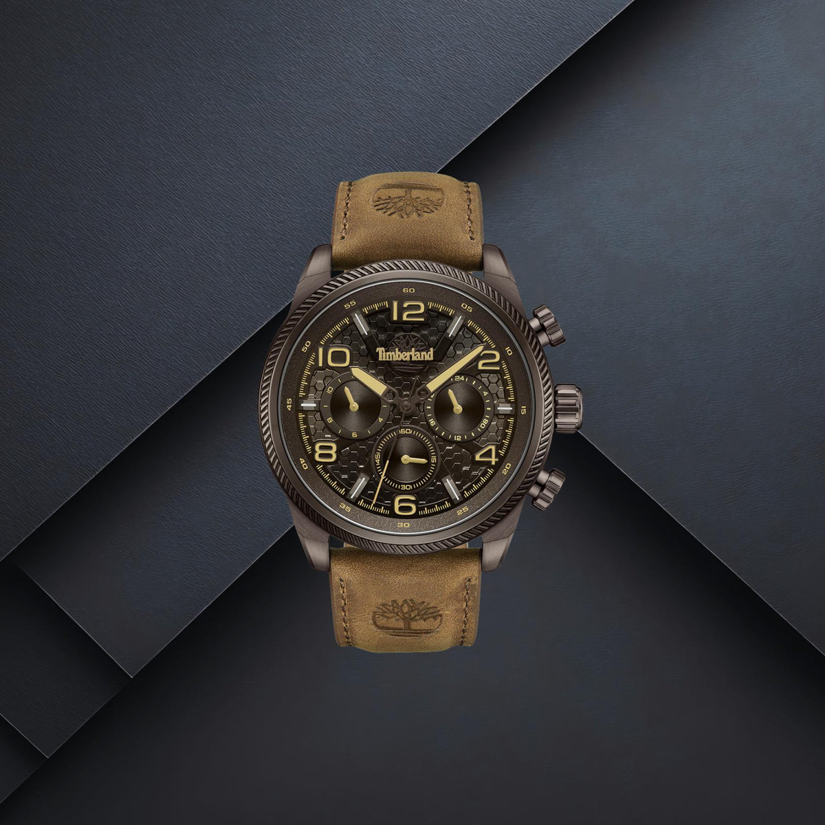 Ανδρικό ρολόι Timberland Henniker II TDWGF0028706M με καφέ λουράκι, καφέ καντράν 46mm, ένδειξη διπλής ώρας
