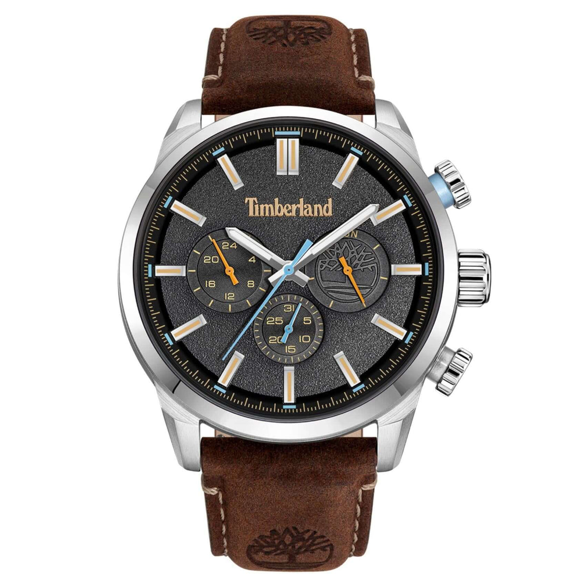 Ανδρικό ρολόι Timberland Henniker II TDWGF0028708 με καφέ δερμάτινο λουράκι, μαύρο καντράν 46 mm, ένδειξη ημέρας-ημερομηνίας, διπλής ώρας και στεγανότητα 5ATM.
