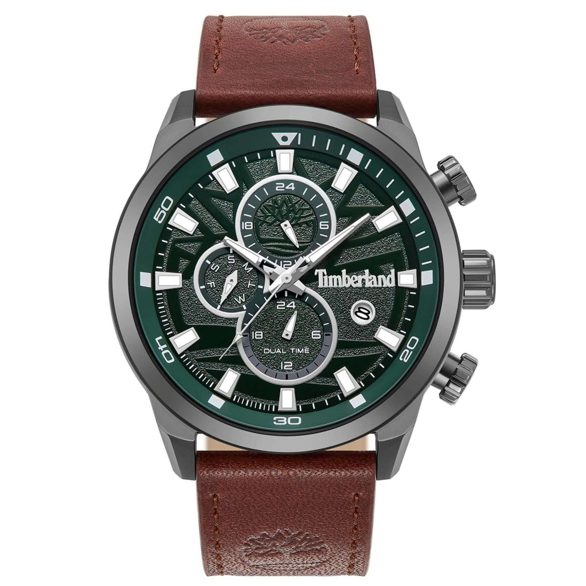 Ανδρικό ρολόι Timberland Henniker II TDWGF0055601 με καφέ δερμάτινο λουράκι και πράσινο καντράν 46 mm.