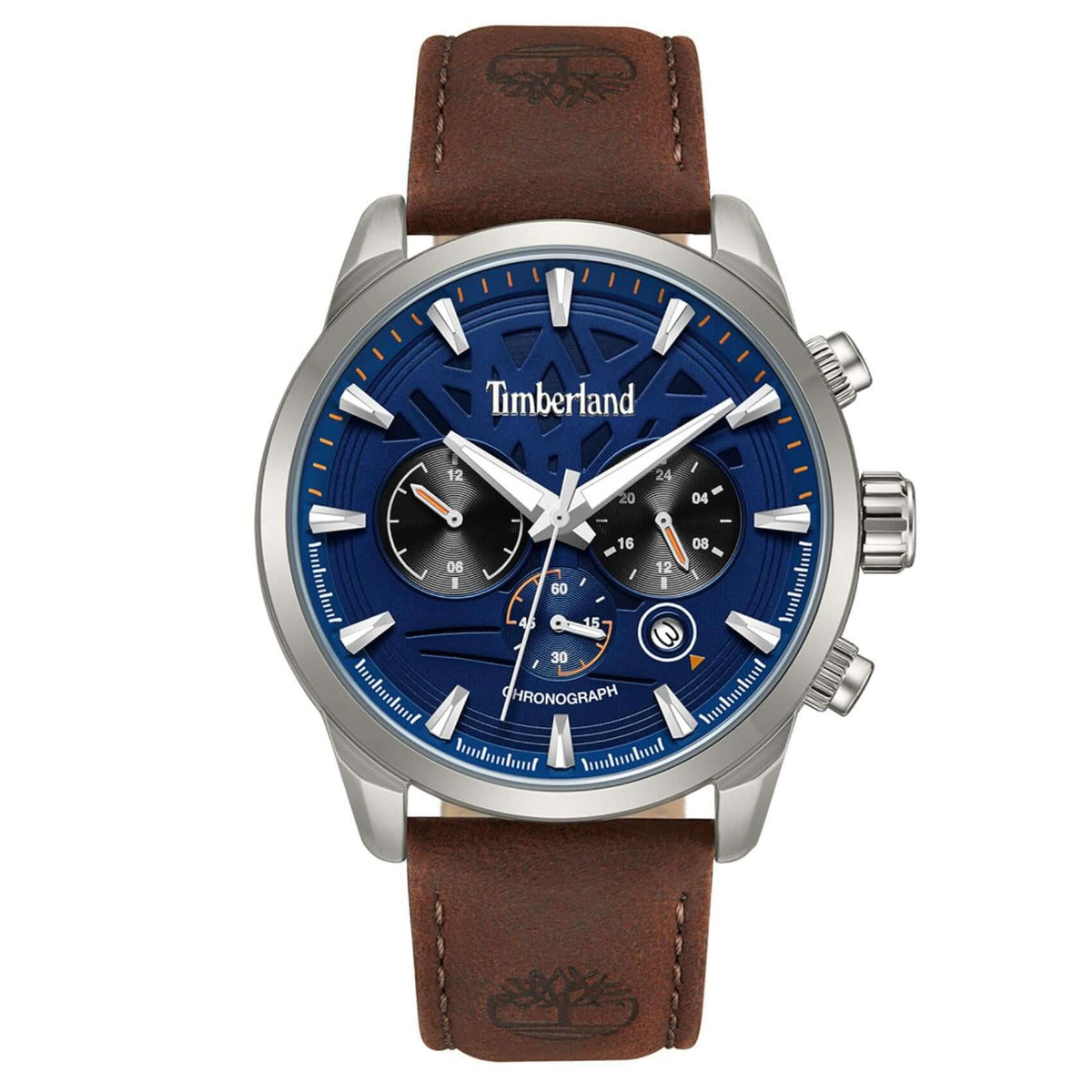 Ανδρικό ρολόι Timberland Henniker II TDWGF0095001 Dual Time με καφέ δερμάτινο λουράκι και μπλε καντράν 46mm με ένδειξη ημέρας ημερομηνίας.