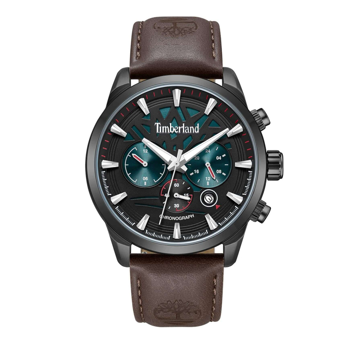 Ανδρικό ρολόι Timberland Henniker II TDWGF0095002 χρονογράφος με καφέ δερμάτινο λουράκι, μαύρο καντράν 44 mm, ένδειξη ημερομηνίας, διπλής ώρας και στεγανότητα 3ATM.