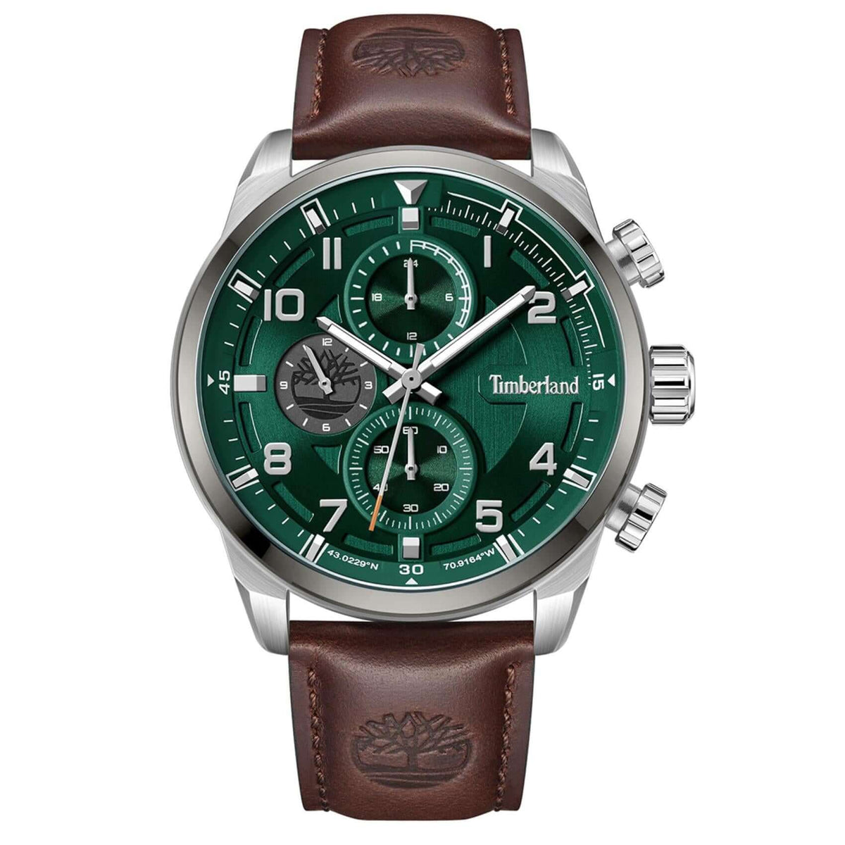 Ανδρικό ρολόι Timberland Henniker II TDWGF2201101M με καφέ δερμάτινο λουράκι, πράσινο καντράν 46 mm, ένδειξη διπλής ώρας και στεγανότητα 5ATM.