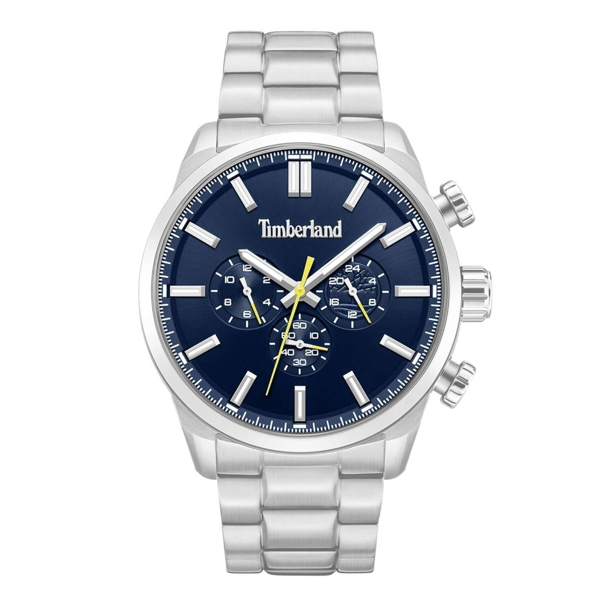 Ανδρικό ρολόι Timberland Henniker II TDWGK0095301 χρονογράφος με ασημί ατσάλινο μπρασελέ, μπλε καντράν 46 mm, quartz μηχανισμό και στεγανότητα 5ATM.