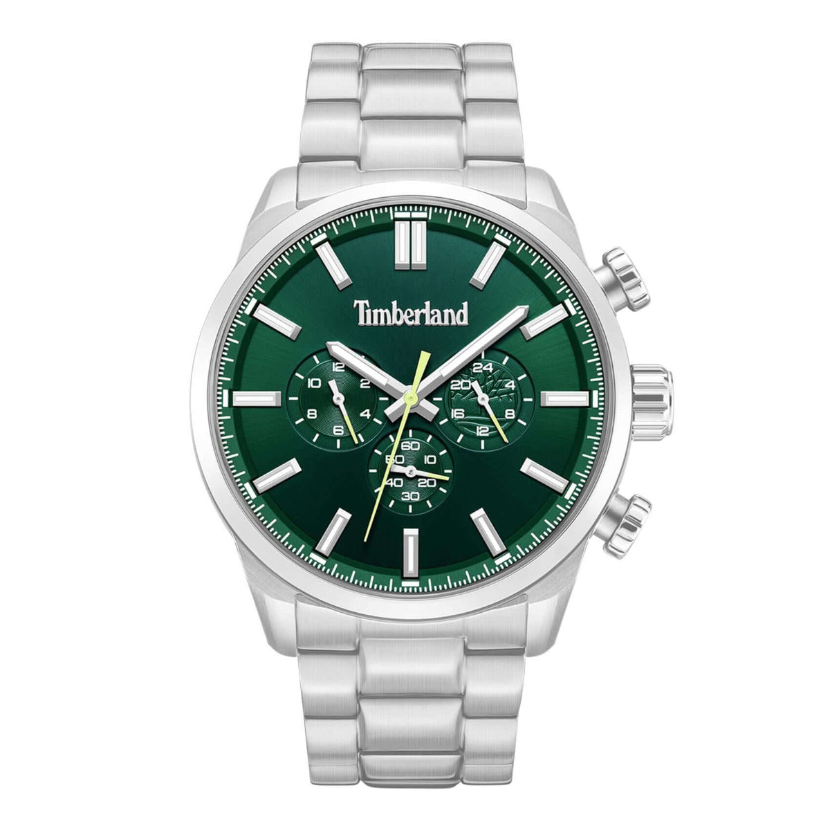 Ανδρικό ρολόι Timberland Henniker II TDWGK0095302 χρονογράφος με ασημί ατσάλινο μπρασελέ, πράσινο καντράν 46 mm, quartz μηχανισμό και στεγανότητα 5ATM.