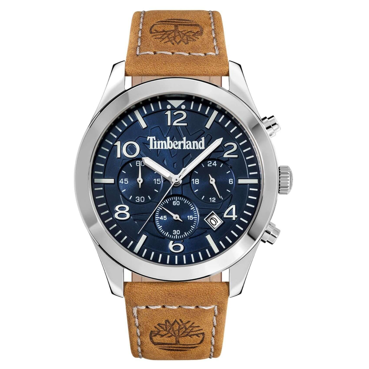 Ανδρικό ρολόι Timberland Killington Peak TDWGC0068801 χρονογράφος με ταμπά δερμάτινο λουράκι, μπλε καντράν 43 mm, ένδειξη ημερομηνίας και στεγανότητα 5ATM.