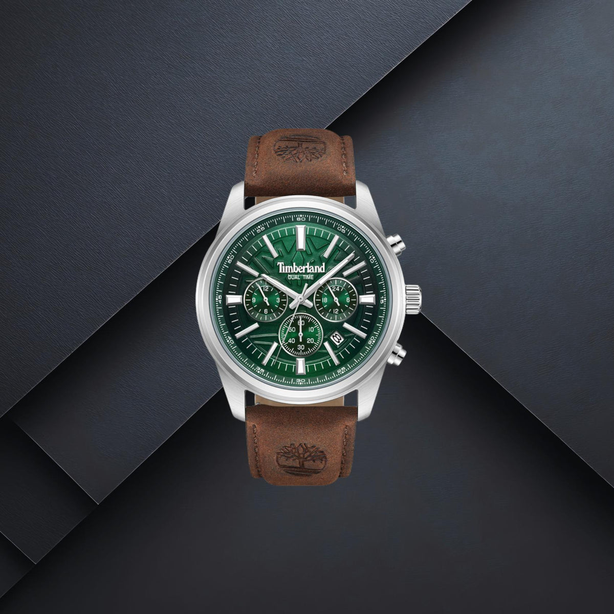 Ανδρικό ρολόι Timberland Northbridge TDWGF0041206 με καφέ λουράκι, πράσινο καντράν 45mm, ημερομηνία και διπλή ώρα