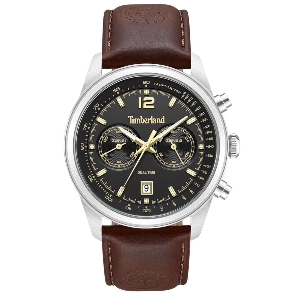 Ανδρικό ρολόι Timberland Northbridge TDWGF0094402 με καφέ δερμάτινο λουράκι, μαύρο καντράν 45 mm, διπλή ώρα, ένδειξη ημερομηνίας και στεγανότητα 5ATM.