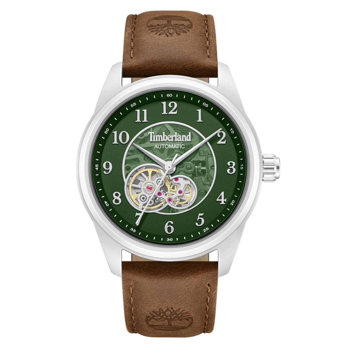 Ανδρικό ρολόι Timberland Northbridge TDWGX0095201 αυτόματο με καφέ δερμάτινο λουράκι, πράσινο skeleton καντράν 43 mm και στεγανότητα 5ATM.